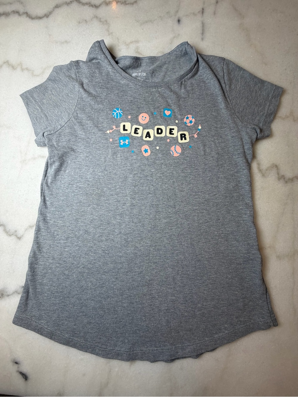 Under Armour Gray Tee with Blue and Peach 'Leader' Graphic